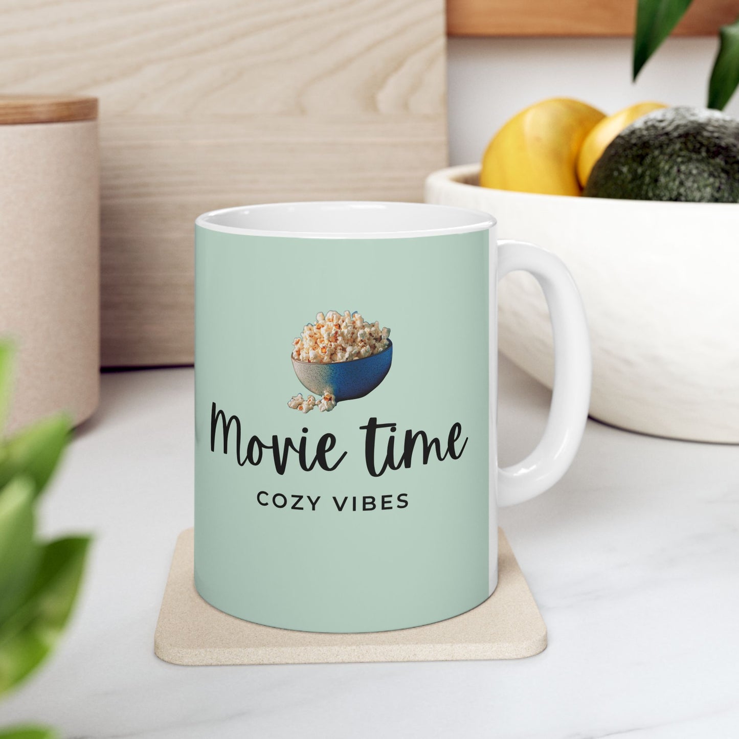 Ceramic Mug "Movie Time, Cozy Vibes" Popcorn Design (11oz & 15oz)