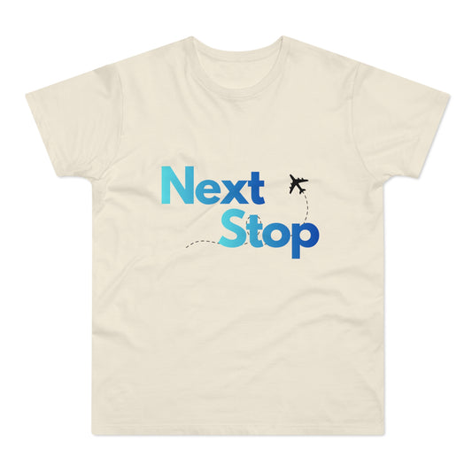 Next Stop Blue T-Shirt Plane Graphic Tee for Travelers & Vacationers