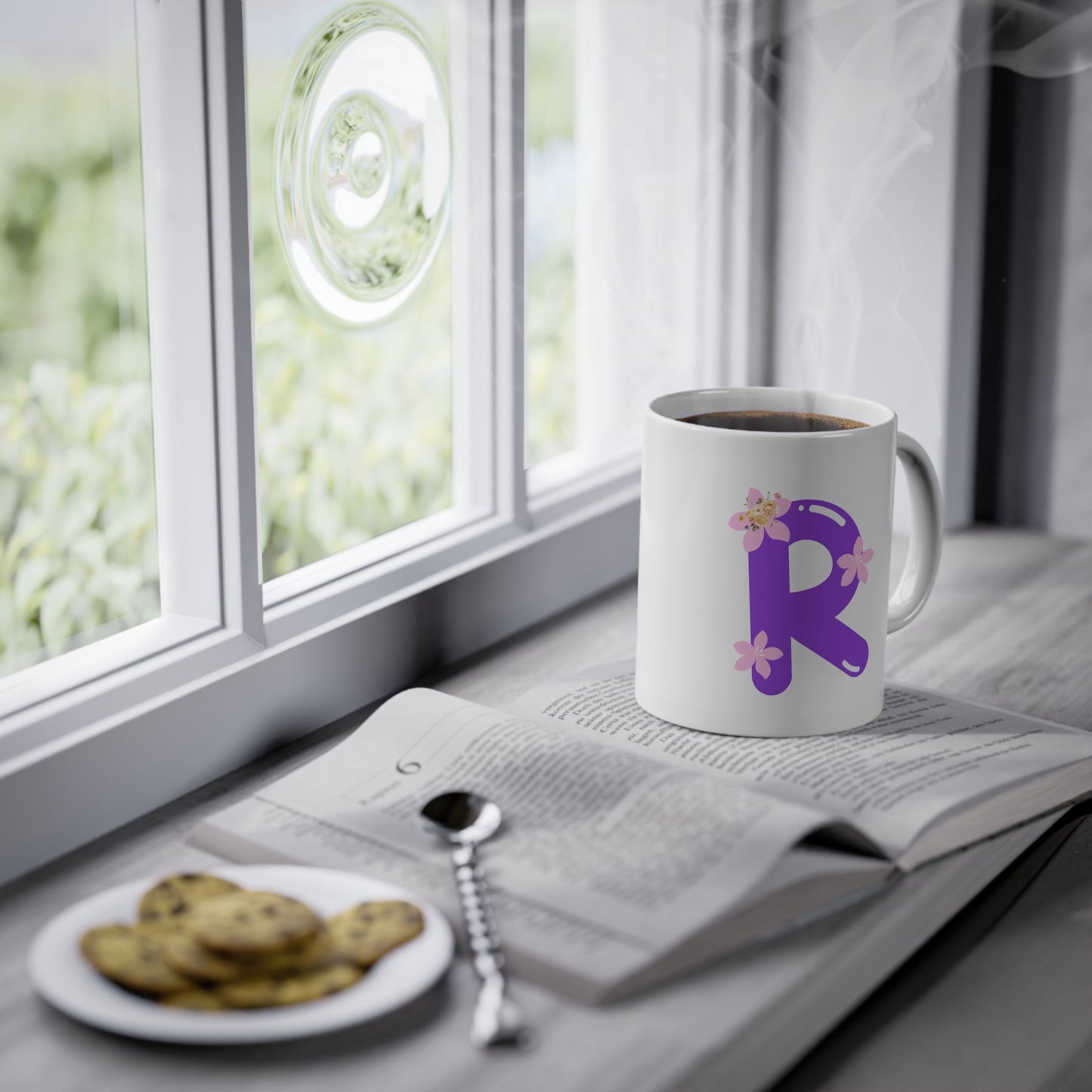 Floral Monogram Personalized Purple R Initial Ceramic Coffee Cup