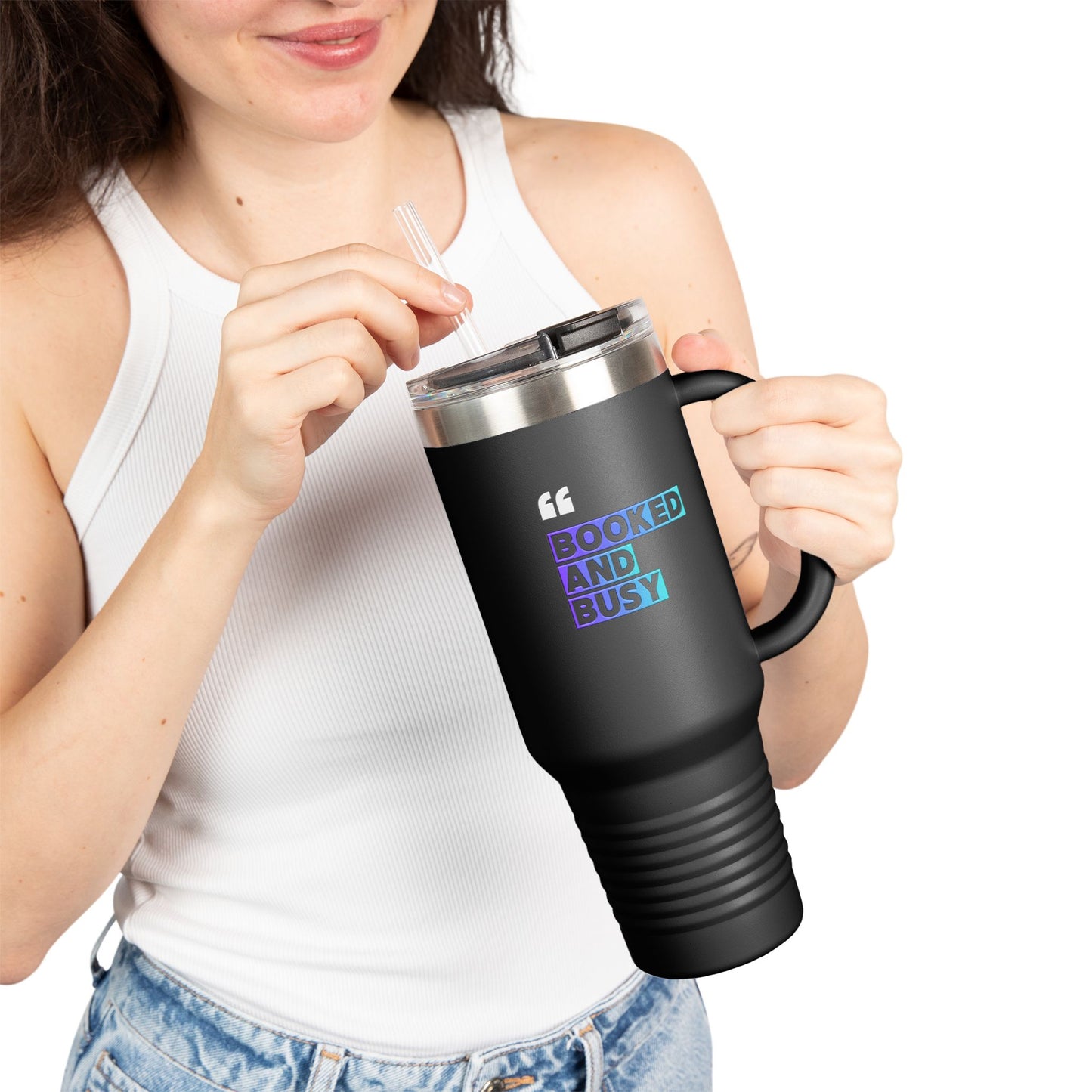 40oz Insulated Travel Mug - "Booked and Busy" Holographic Design