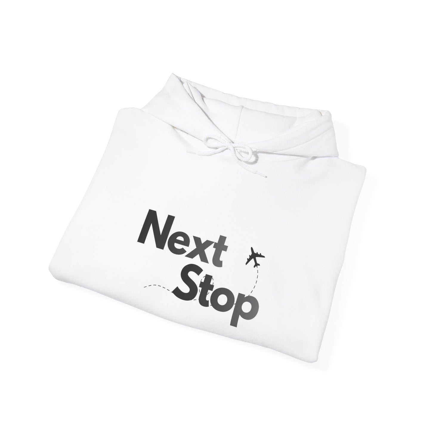Next Stop Hoodie — Minimal Travel Sweatshirt with Airplane Icon