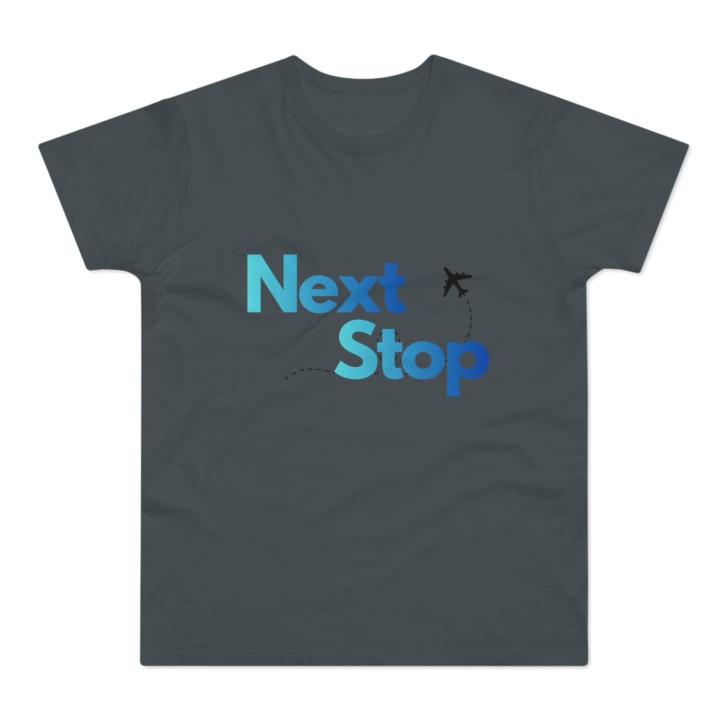 Next Stop Blue T-Shirt Plane Graphic Tee for Travelers & Vacationers