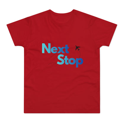 Next Stop Blue T-Shirt Plane Graphic Tee for Travelers & Vacationers