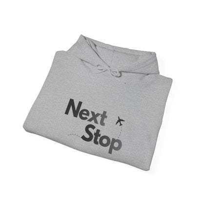 Next Stop Hoodie — Minimal Travel Sweatshirt with Airplane Icon