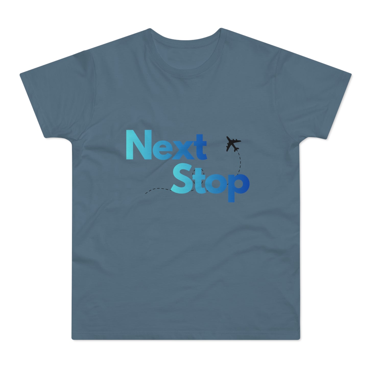 Next Stop Blue T-Shirt Plane Graphic Tee for Travelers & Vacationers