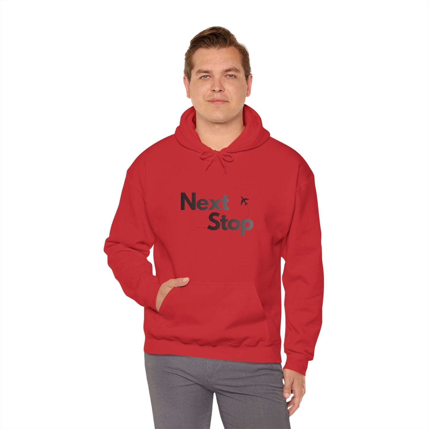Next Stop Hoodie — Minimal Travel Sweatshirt with Airplane Icon