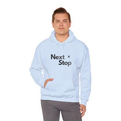 Next Stop Hoodie — Minimal Travel Sweatshirt with Airplane Icon