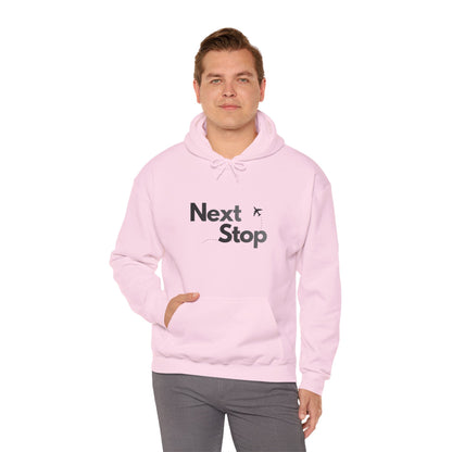 Next Stop Hoodie — Minimal Travel Sweatshirt with Airplane Icon