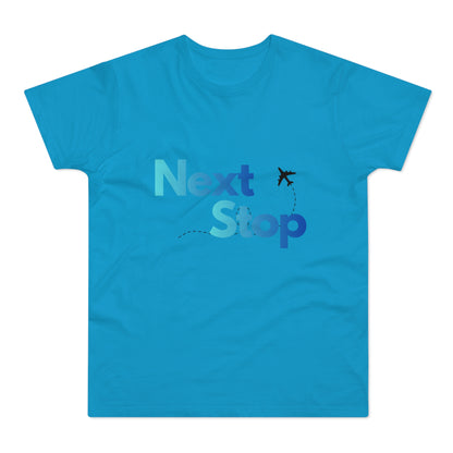 Next Stop Blue T-Shirt Plane Graphic Tee for Travelers & Vacationers