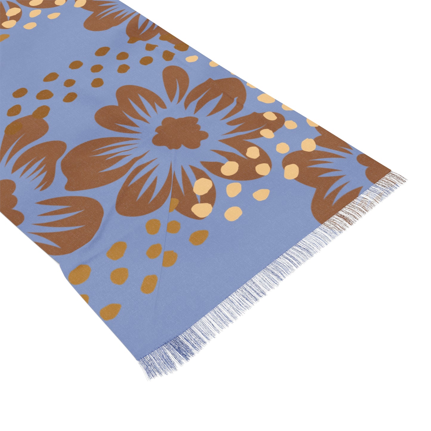 Floral Light  Blue & Tan Patterned Fringe Scarf with Gold Dot Accents
