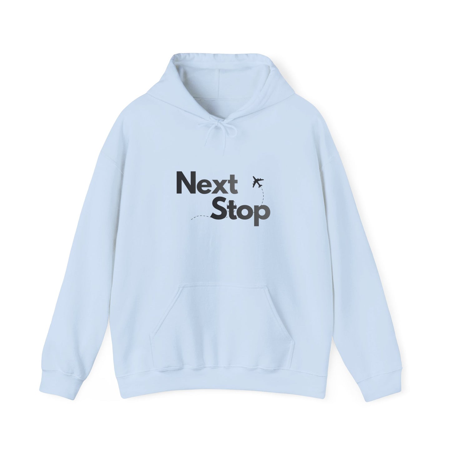 Next Stop Hoodie — Minimal Travel Sweatshirt with Airplane Icon