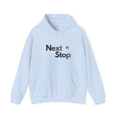 Next Stop Hoodie — Minimal Travel Sweatshirt with Airplane Icon