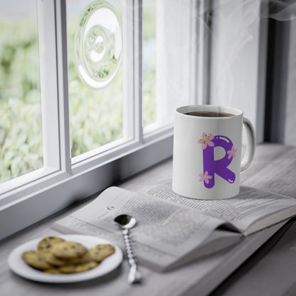 Floral Monogram Personalized Purple R Initial Ceramic Coffee Cup
