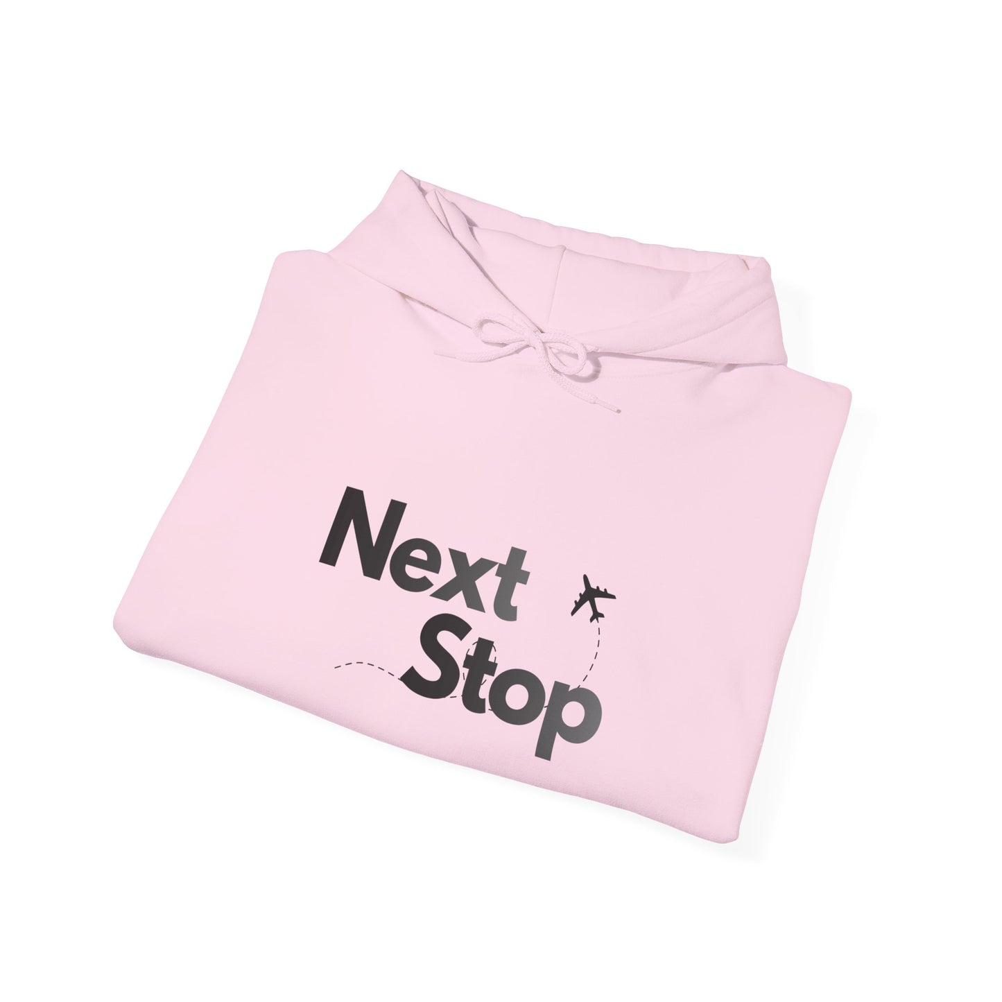 Next Stop Hoodie — Minimal Travel Sweatshirt with Airplane Icon