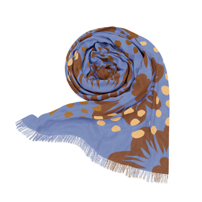Floral Light  Blue & Tan Patterned Fringe Scarf with Gold Dot Accents