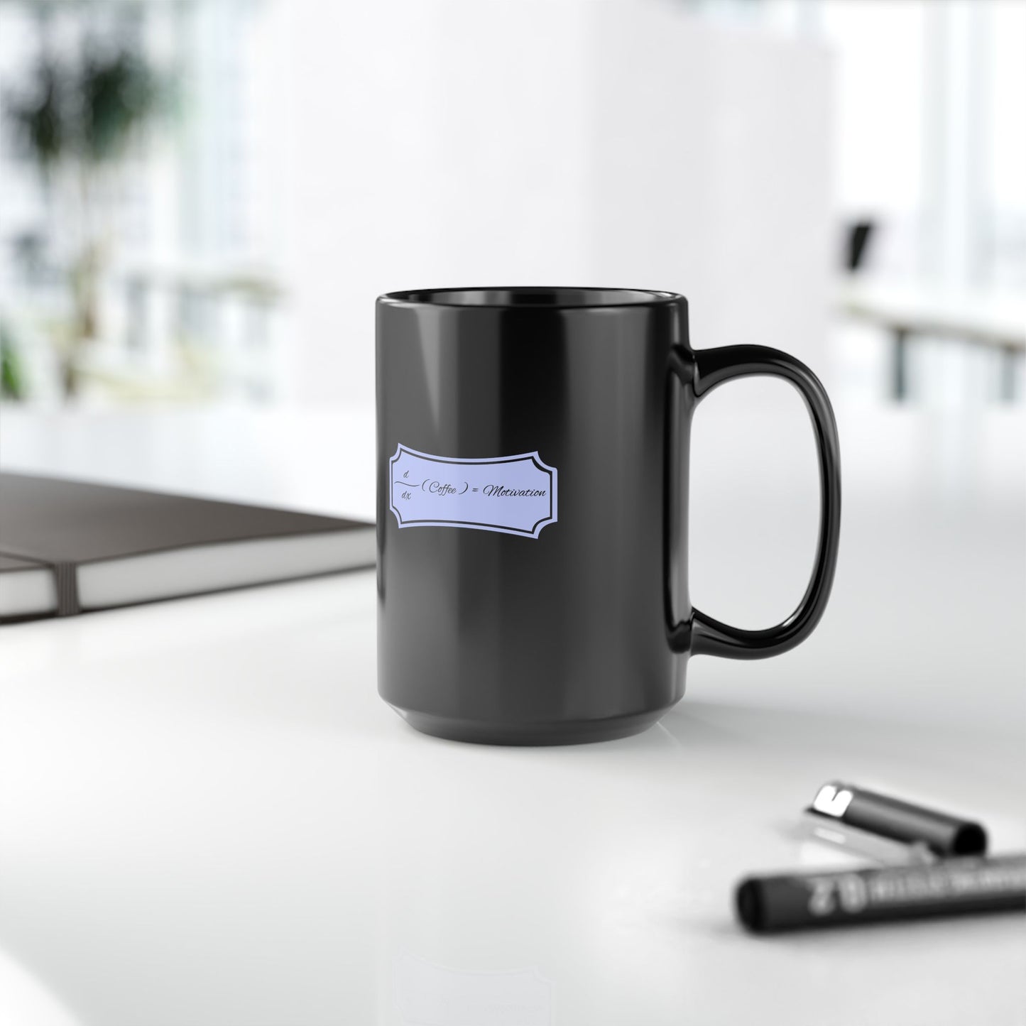 Black Coffee Mug — "∫(Coffee) = Motivation" Decorative Script 11oz/15oz