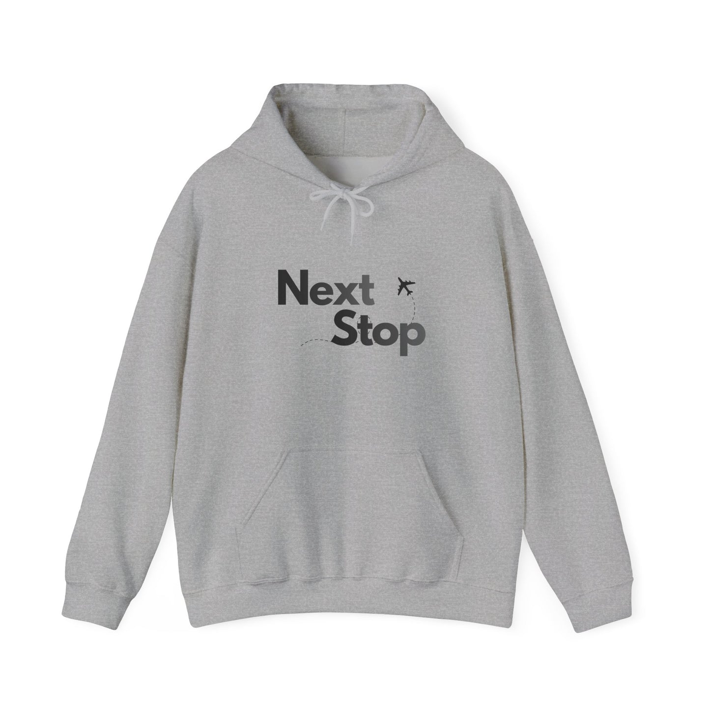 Next Stop Hoodie — Minimal Travel Sweatshirt with Airplane Icon