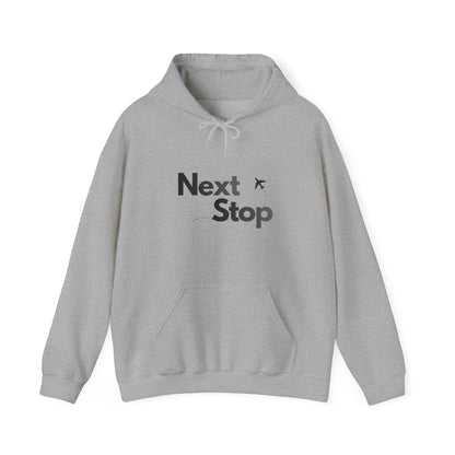 Next Stop Hoodie — Minimal Travel Sweatshirt with Airplane Icon