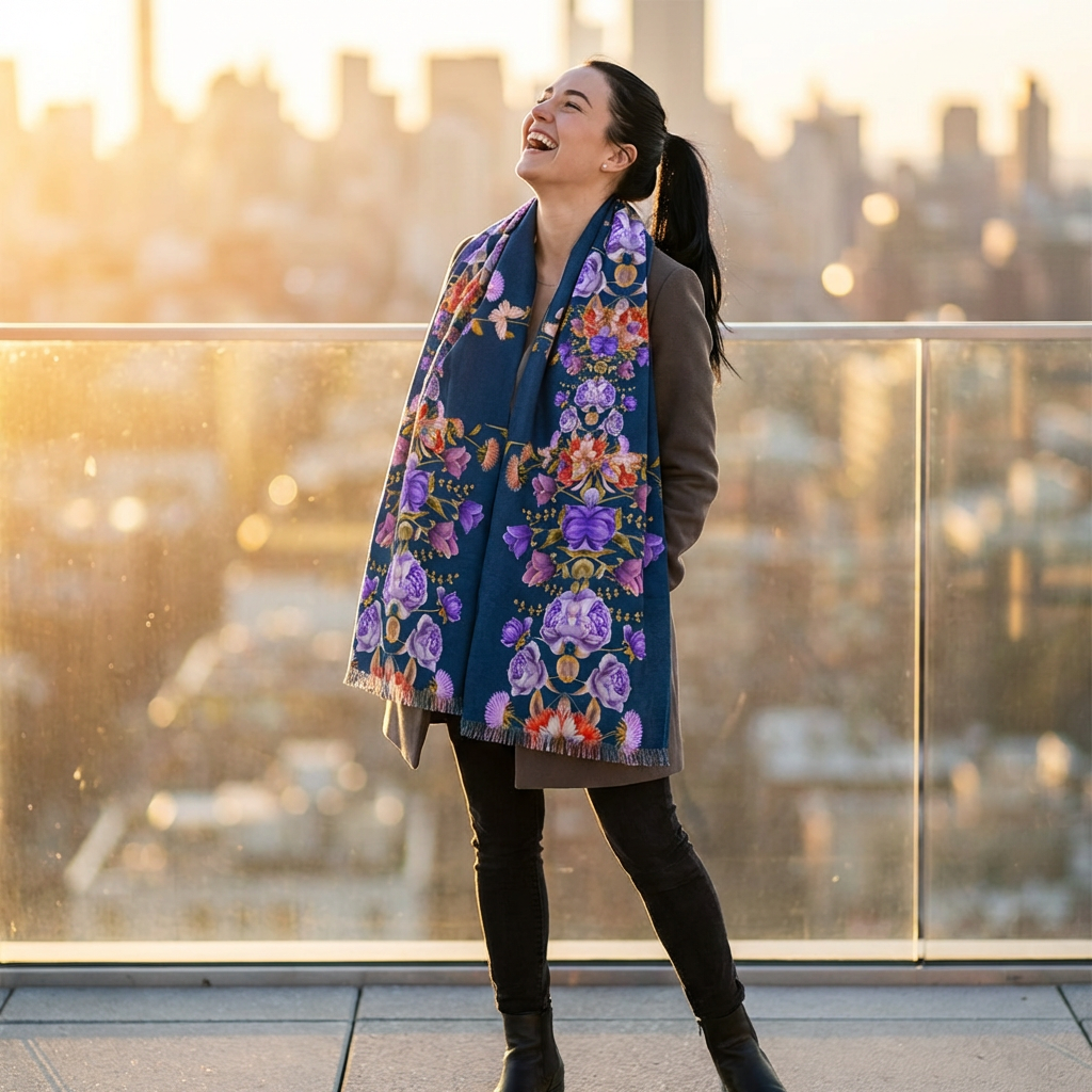 Floral  Navy Purple Rose Print Scarf