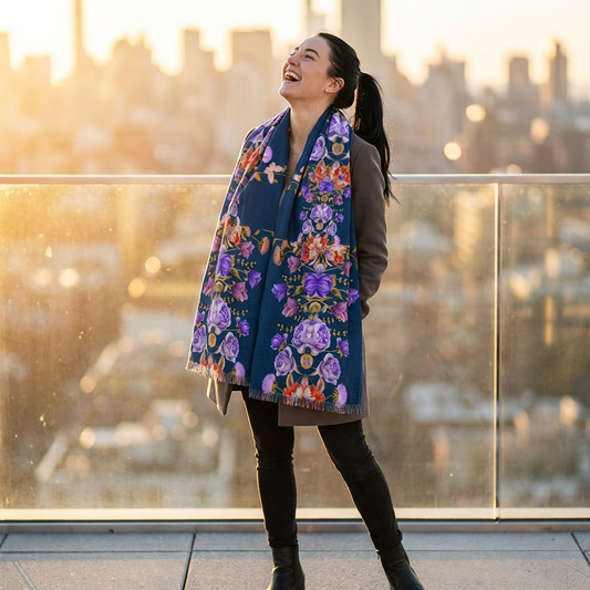 Floral  Navy Purple Rose Print Scarf
