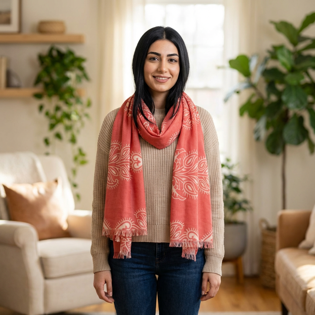 Boho Paisley Coral Lightweight Fashion Scarf