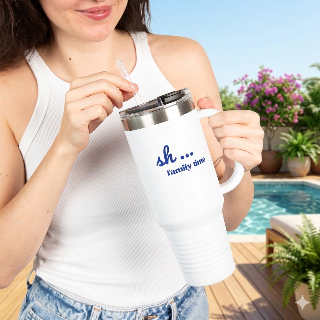 40oz Insulated Travel Mug — "sh... family time" Skinny Tumbler