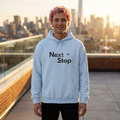 Next Stop Hoodie — Minimal Travel Sweatshirt with Airplane Icon