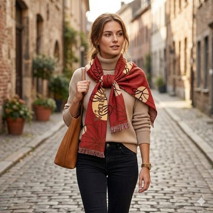 Vintage Red Botanical Sun Motif Scarf
