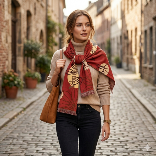 Vintage Red Botanical Sun Motif Scarf