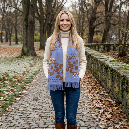 Floral Light  Blue & Tan Patterned Fringe Scarf with Gold Dot Accents