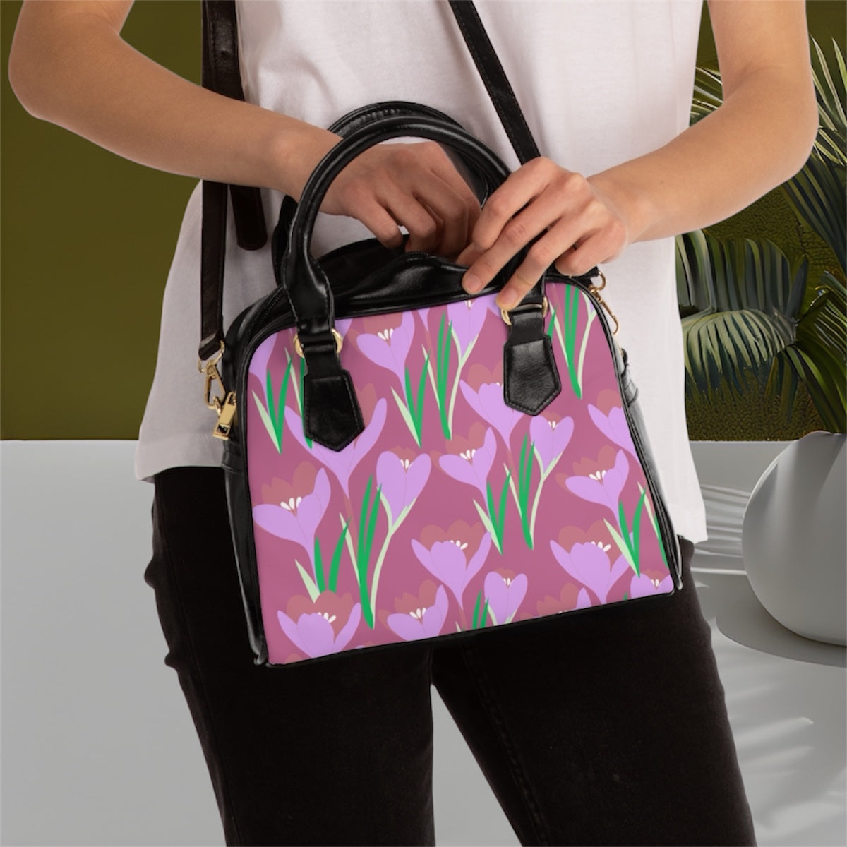 Pink Spring Flower Pattern Shoulder Handbag