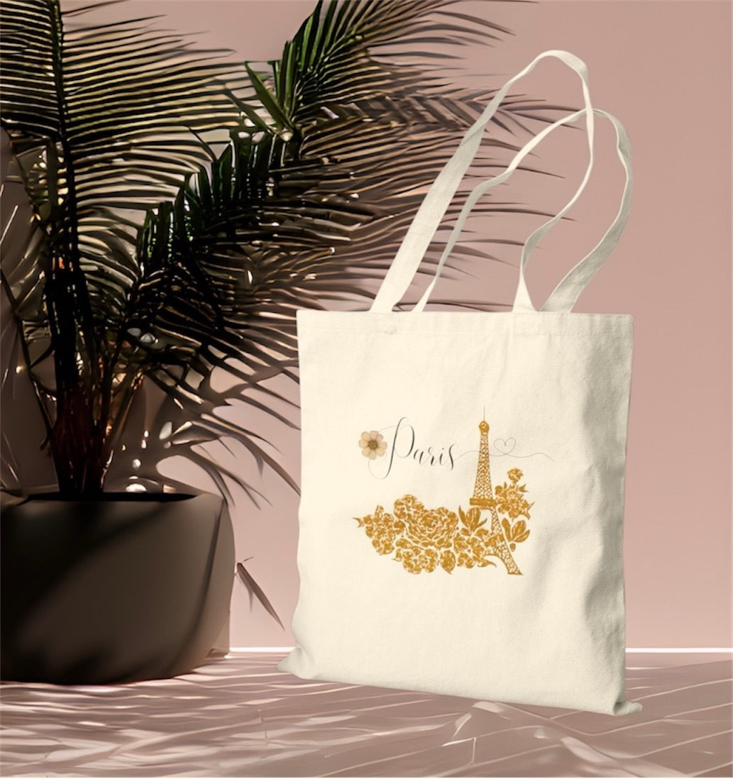 Eiffel Tower Flower Design Cotton Canvas Tote Bag
