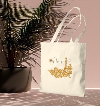 Eiffel Tower Flower Design Cotton Canvas Tote Bag