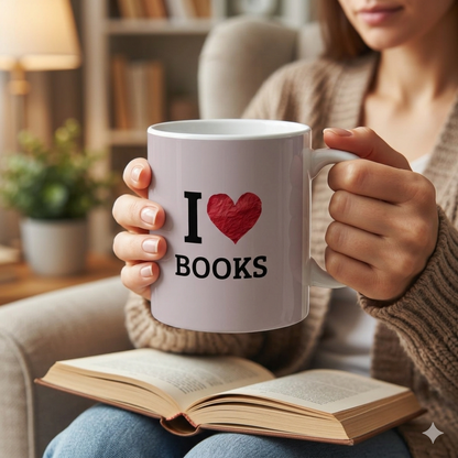I  Love Books Ceramic Mug — Book Lover Coffee Cup (11oz & 15oz)