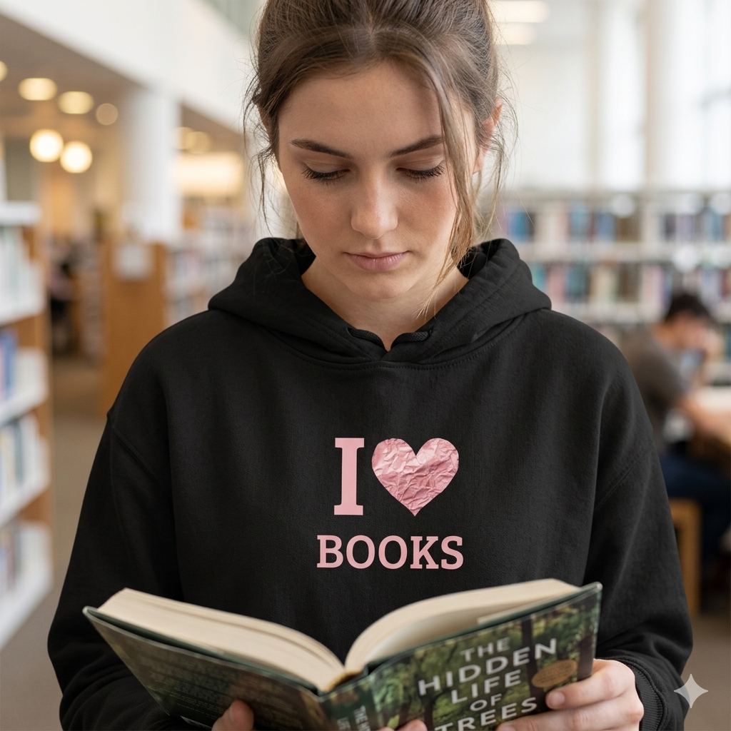 I  Love Books Hoodie — Pink Heart Book Lover Pullover