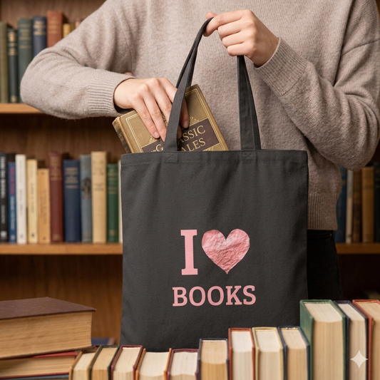I  Love Books Canvas Tote Bag — Cute Book Lover & Library Tote