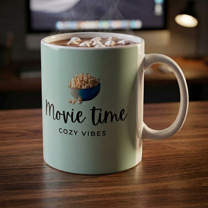 Ceramic Mug "Movie Time, Cozy Vibes" Popcorn Design (11oz & 15oz)
