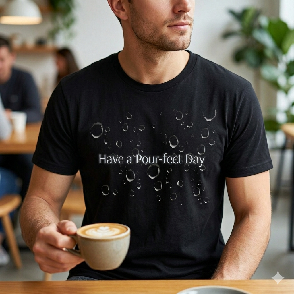 T-Shirt — 'Have a Pour-fect Day' Moon Bubble Graphic