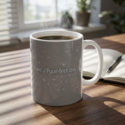 Have a Pour-fect Day Ceramic Mug — Grey Water Droplet Coffee Cup (11oz, 15oz)