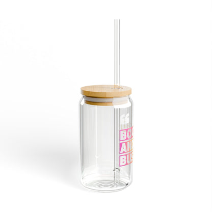 "Booked and Busy" Clear Drink Jar with Bamboo Lid & Reusable Straw