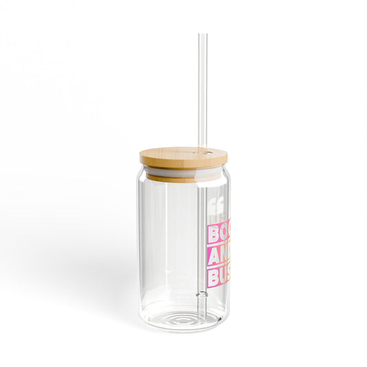 "Booked and Busy" Clear Drink Jar with Bamboo Lid & Reusable Straw