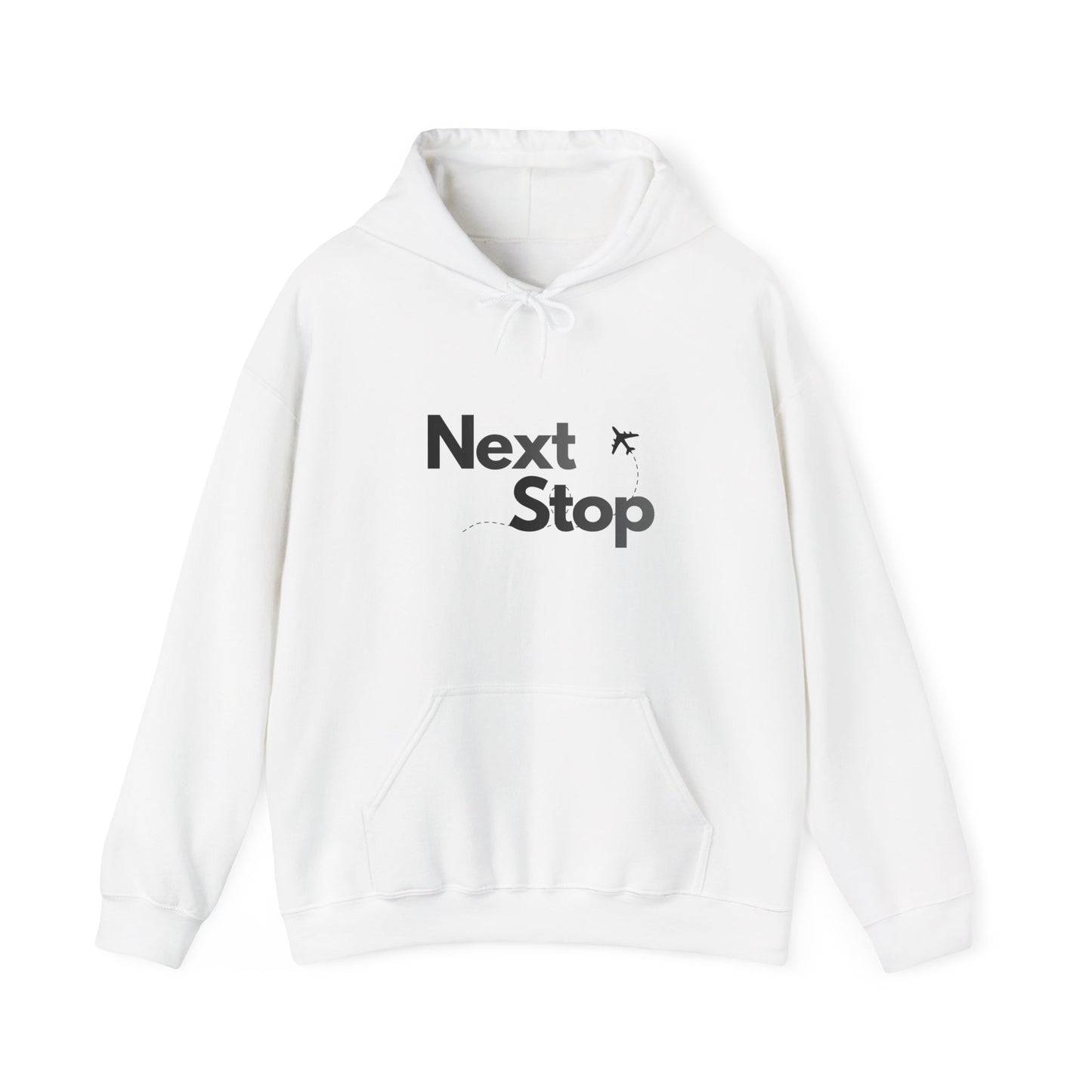 Next Stop Hoodie — Minimal Travel Sweatshirt with Airplane Icon