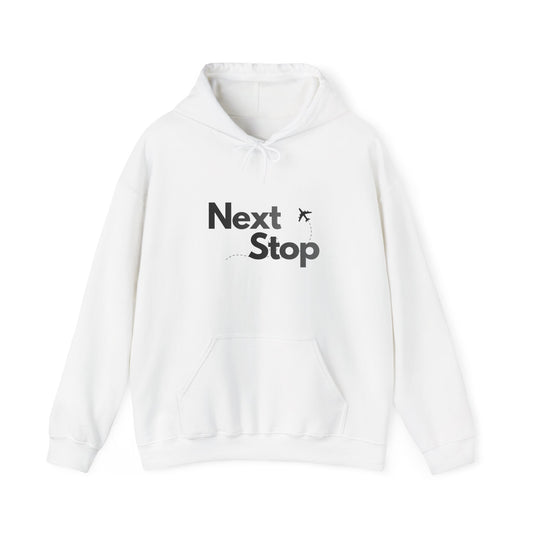 Next Stop Hoodie — Minimal Travel Sweatshirt with Airplane Icon