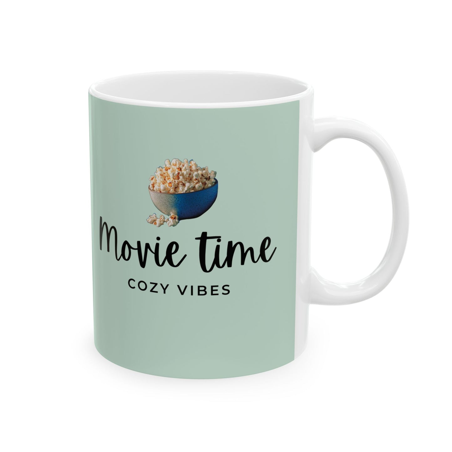 Ceramic Mug "Movie Time, Cozy Vibes" Popcorn Design (11oz & 15oz)