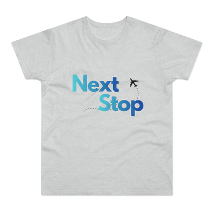 Next Stop Blue T-Shirt Plane Graphic Tee for Travelers & Vacationers