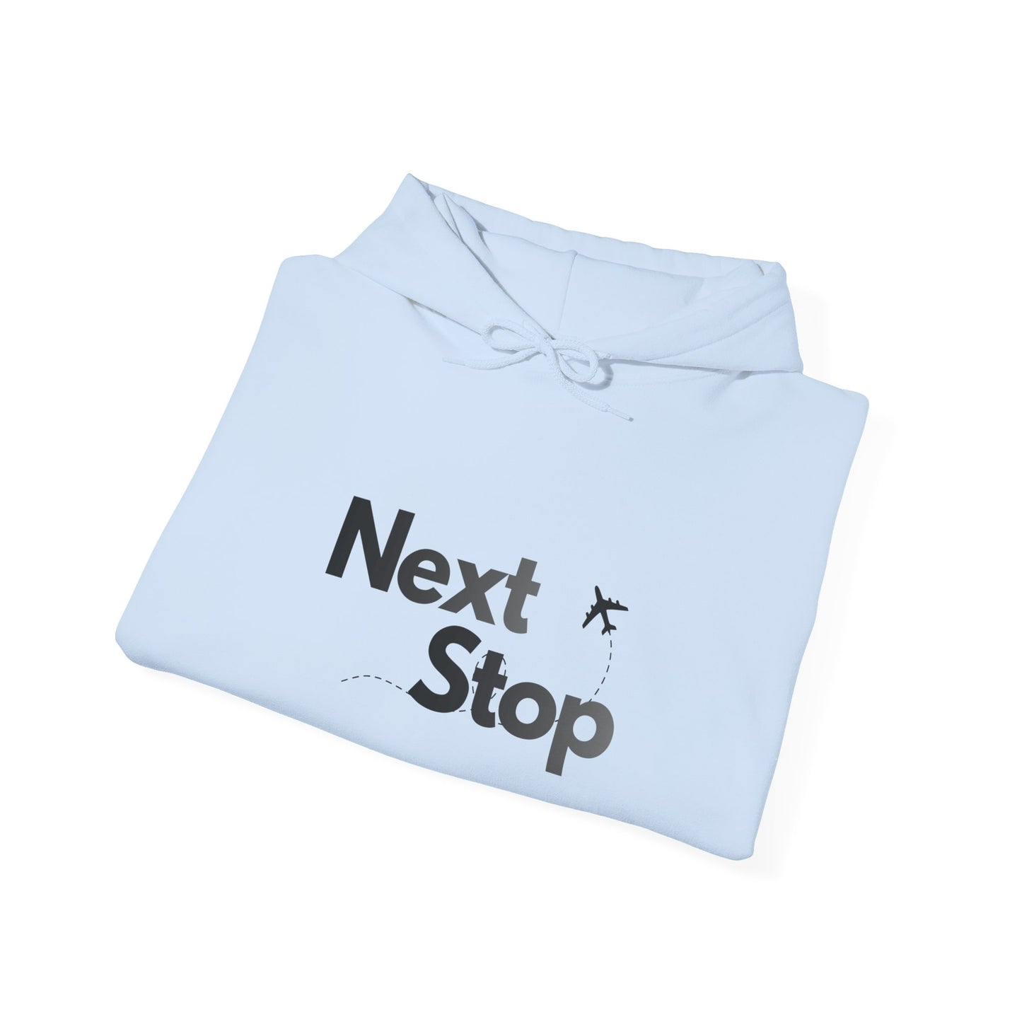 Next Stop Hoodie — Minimal Travel Sweatshirt with Airplane Icon