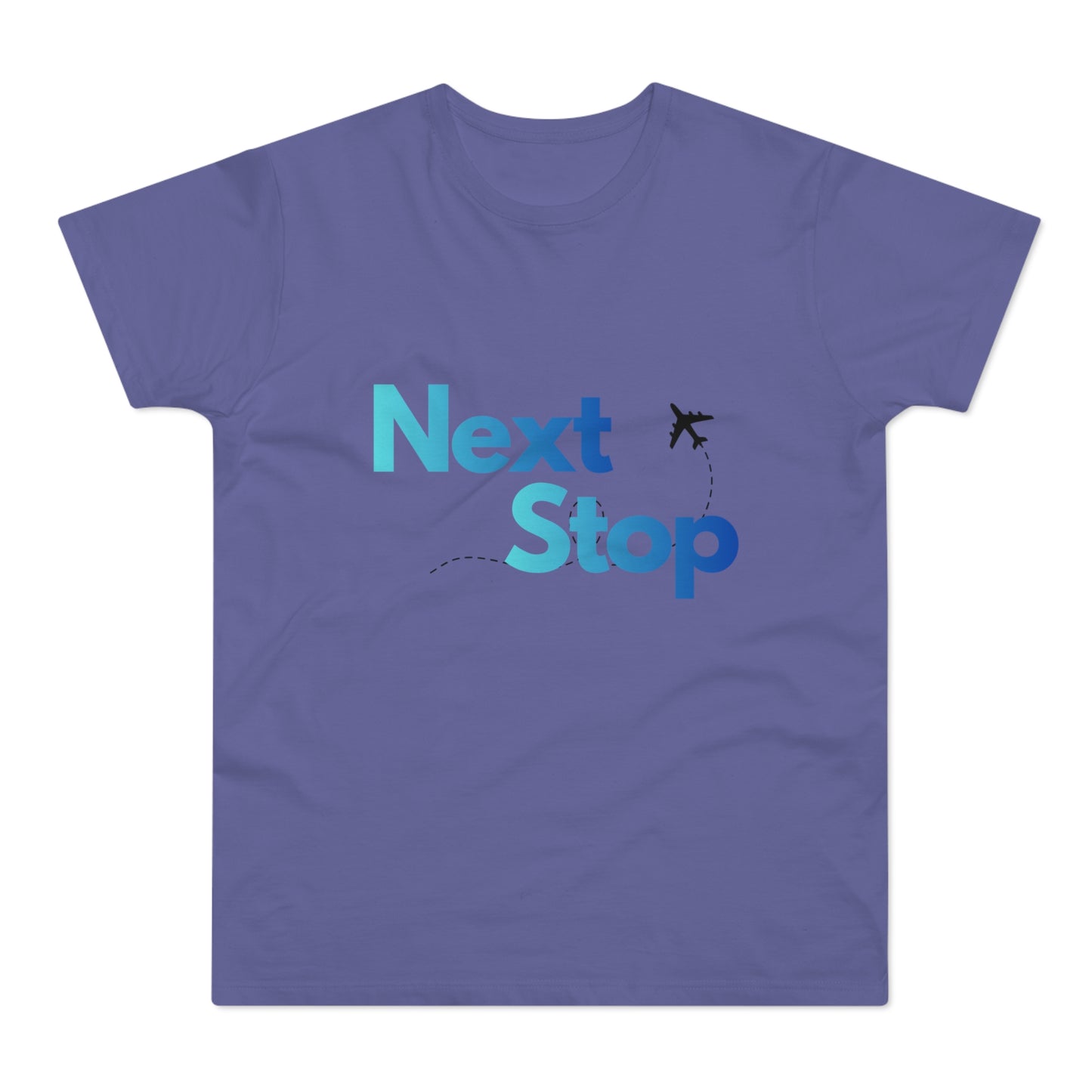 Next Stop Blue T-Shirt Plane Graphic Tee for Travelers & Vacationers