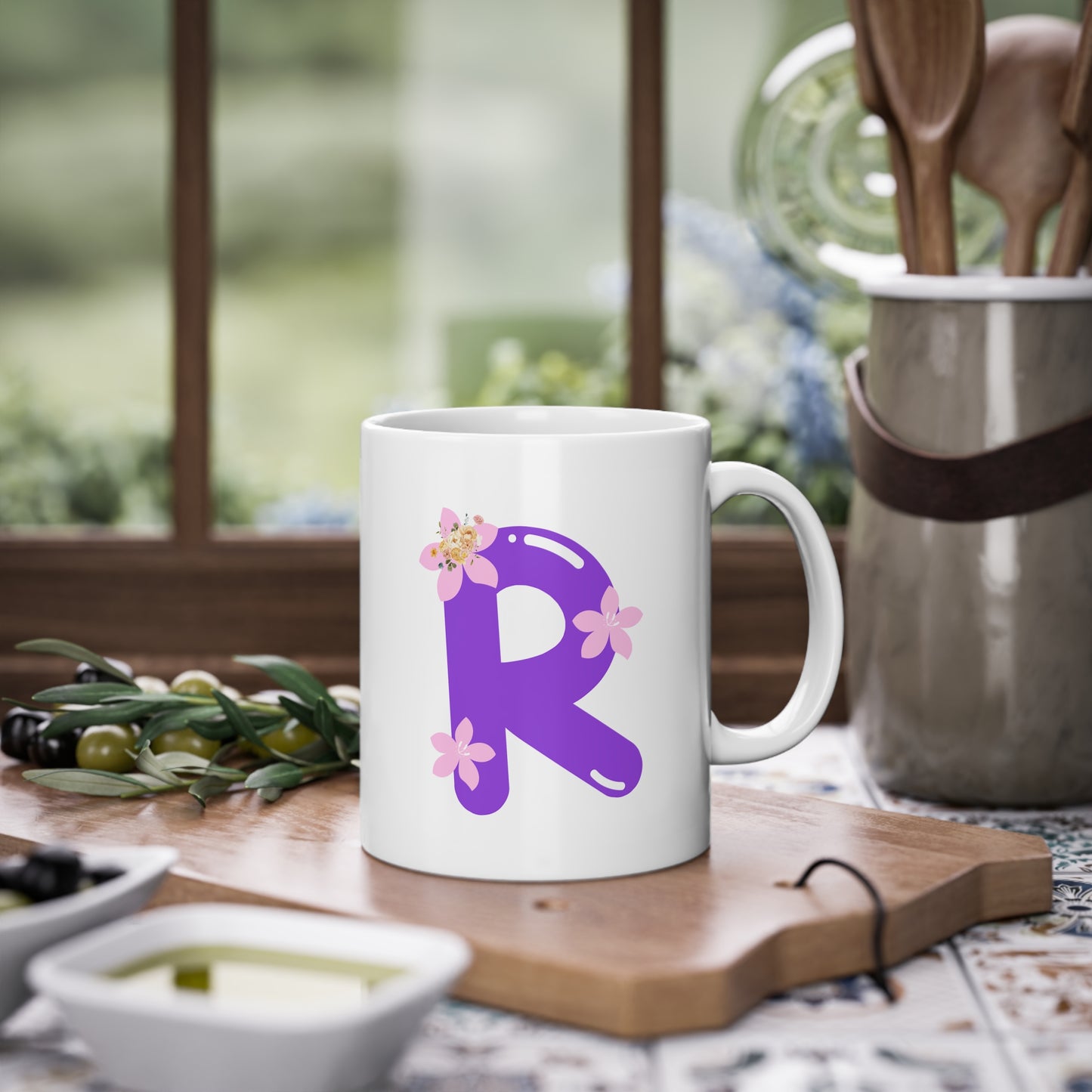 Floral Monogram Personalized Purple R Initial Ceramic Coffee Cup