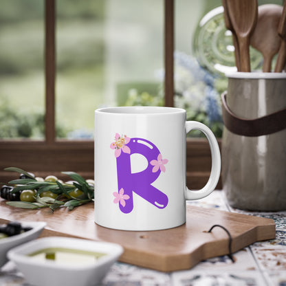 Floral Monogram Personalized Purple R Initial Ceramic Coffee Cup