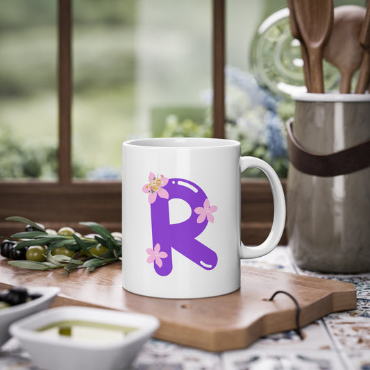 Floral Monogram Personalized Purple R Initial Ceramic Coffee Cup